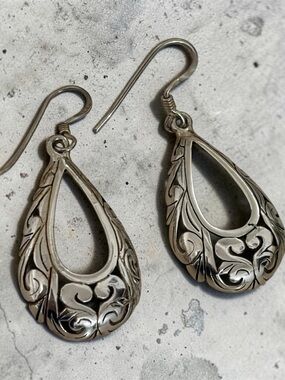 Sterling Silver Open Teardrop Filigree Dangle Hook Earrings Vintage
